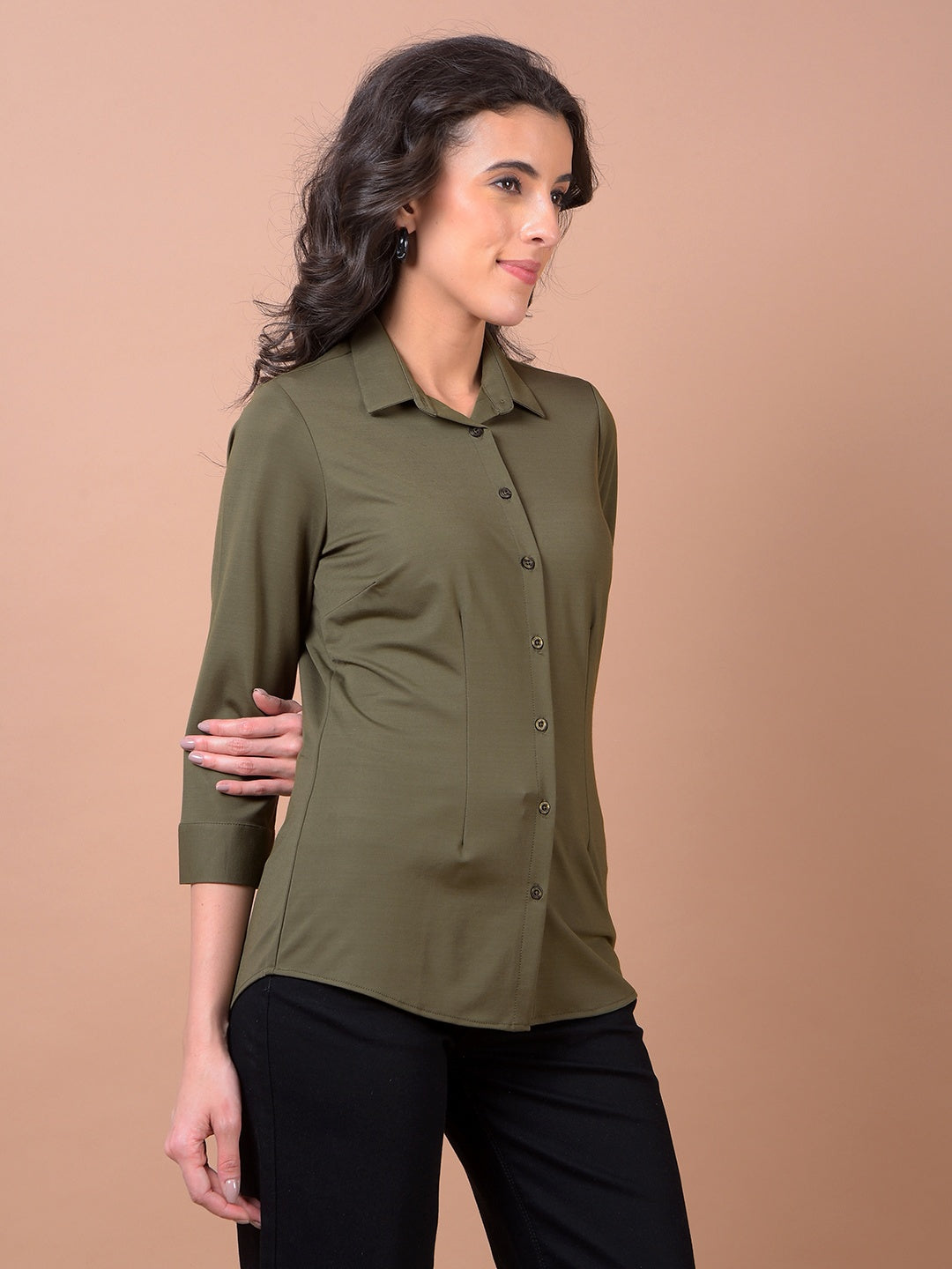 Olive Green Smart Casual Shirt-Women Shirts-Crimsoune Club