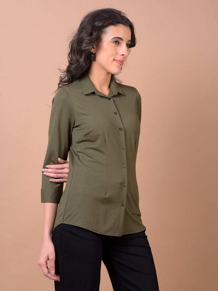 Olive Green Smart Casual Shirt-Women Shirts-Crimsoune Club