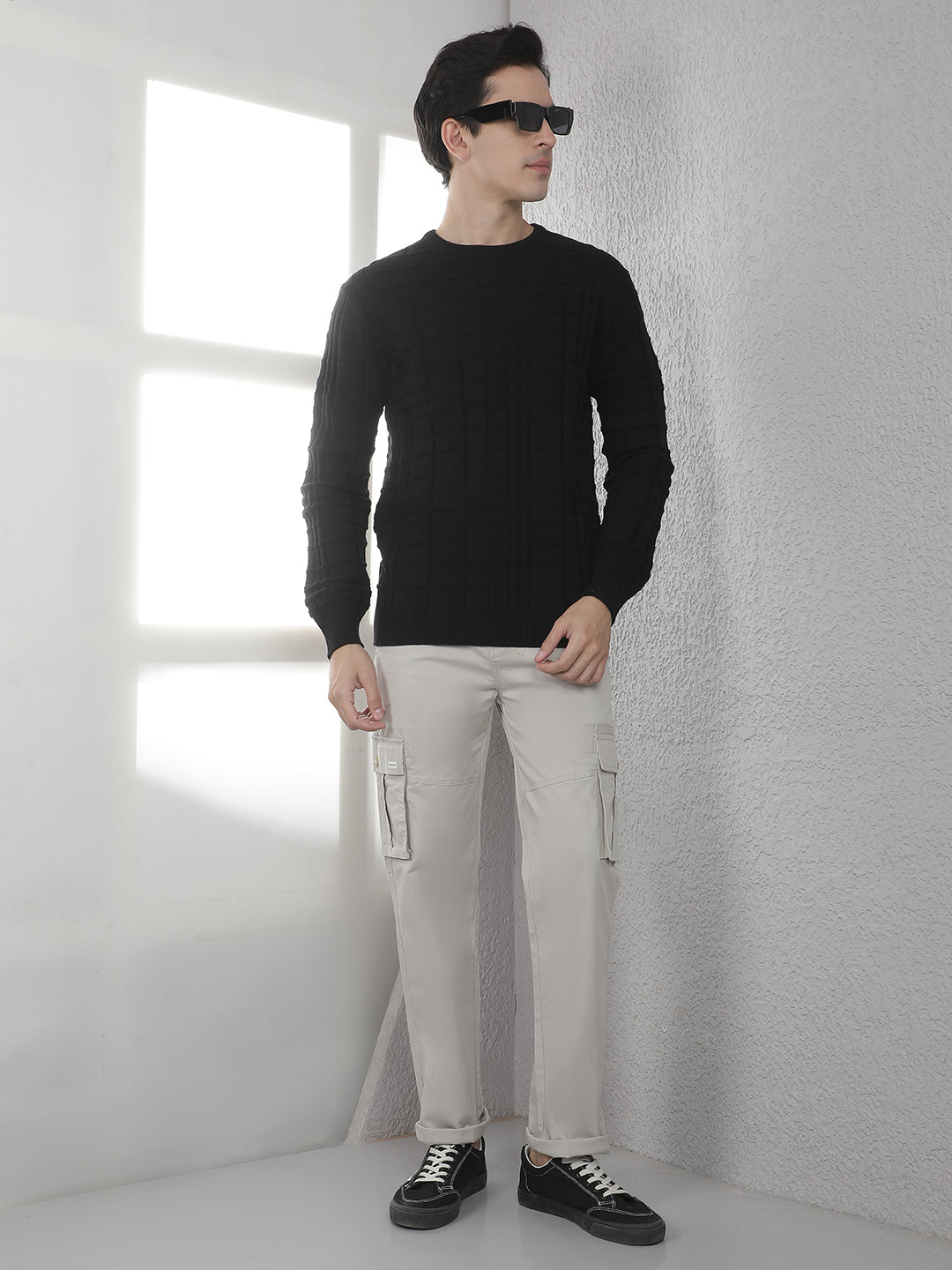 Black Jacquard Round Neck Sweater
