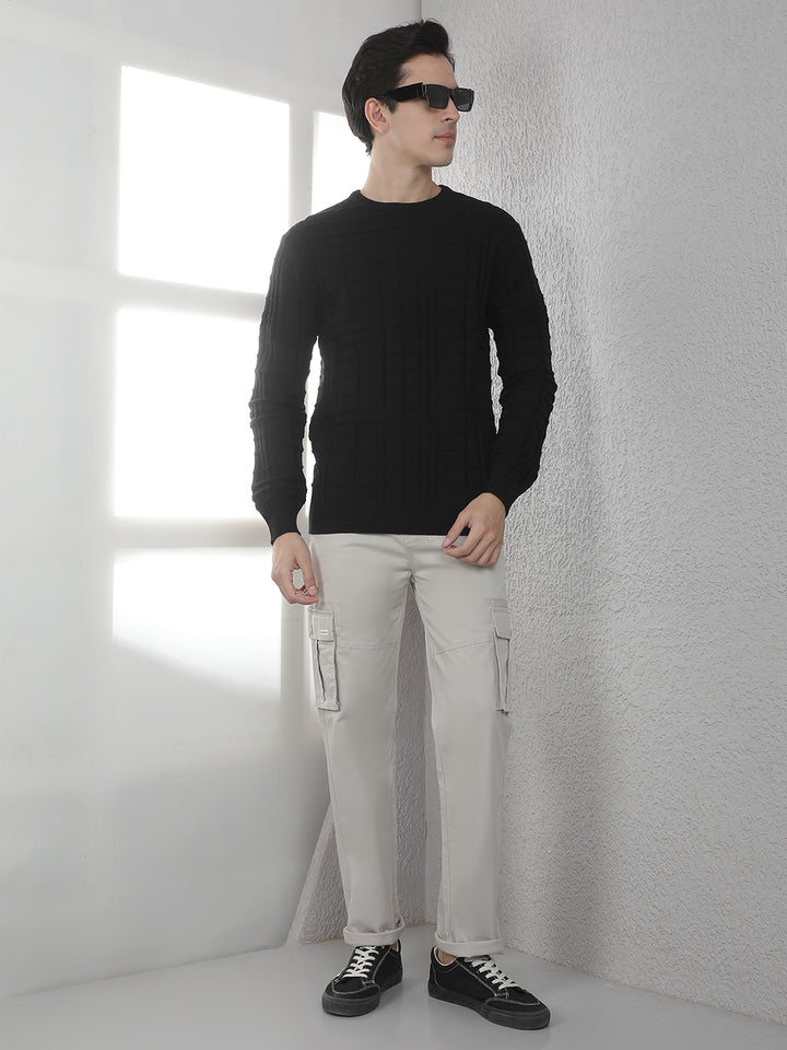 Black Jacquard Round Neck Sweater