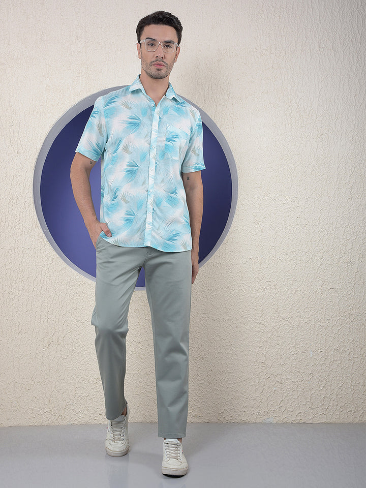 Blue Floral Print Linen Shirt