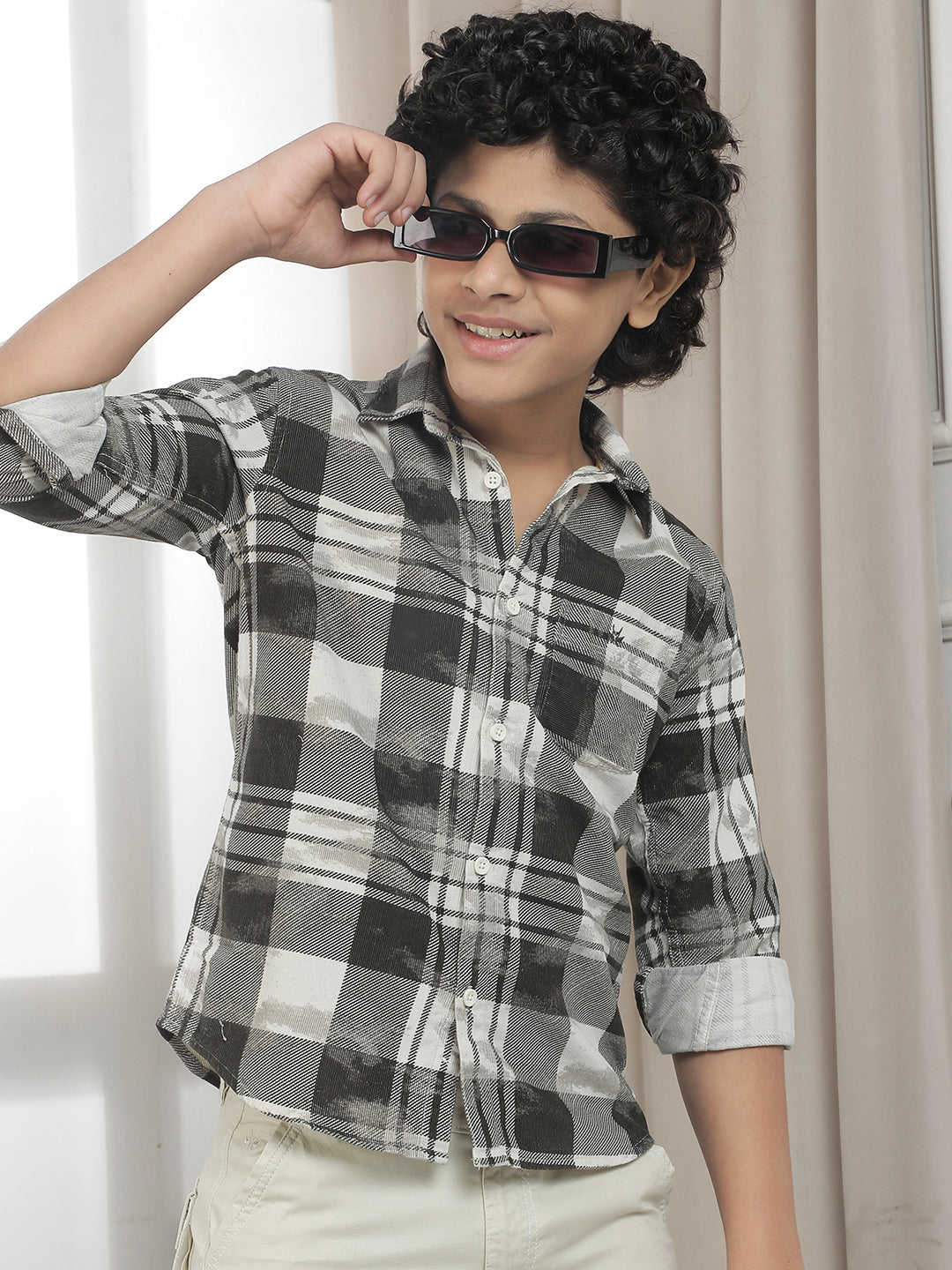 Grey Checked 100% Cotton Corduroy Shirt