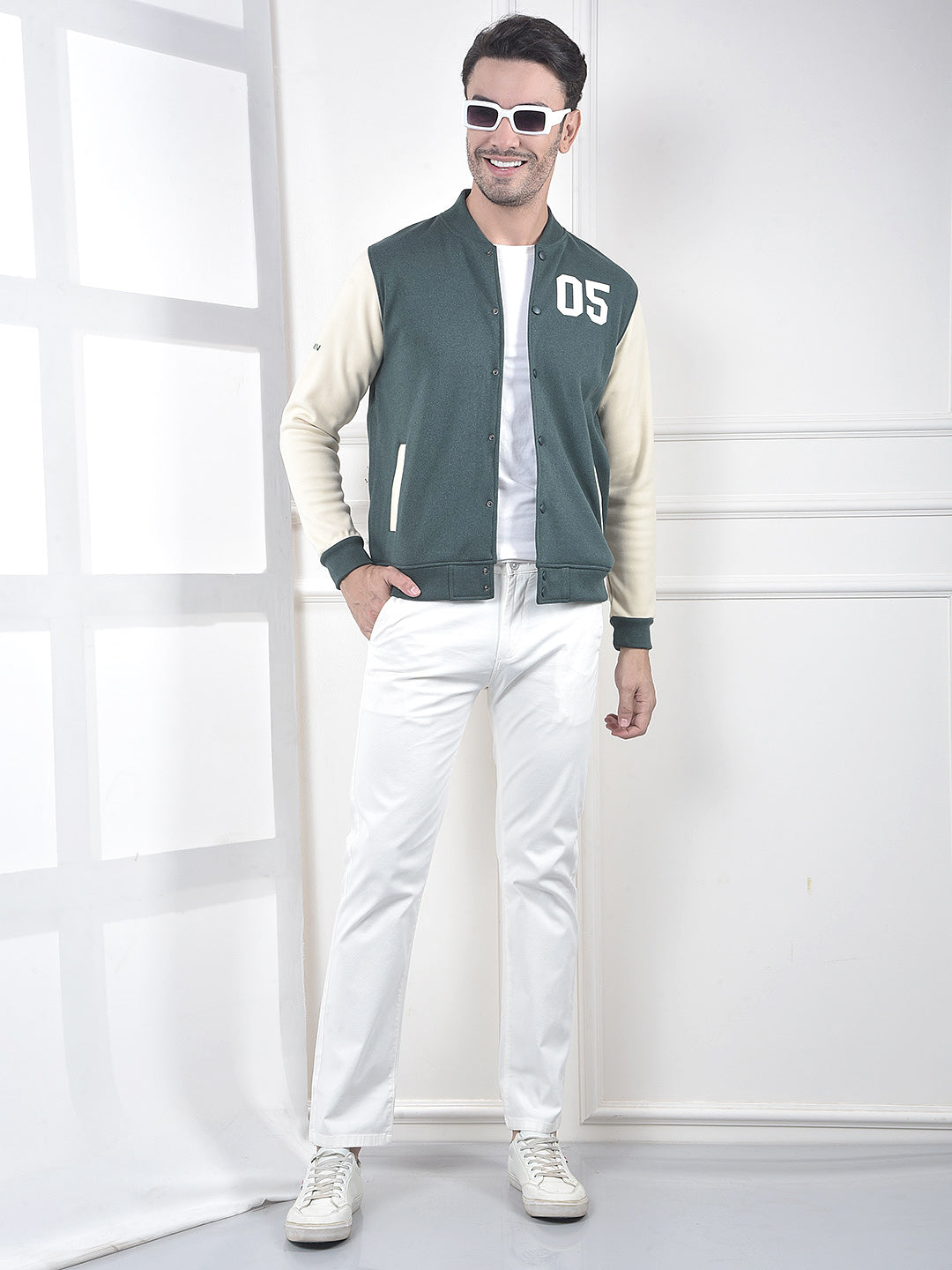 Green Color-Block Varsity Jacket