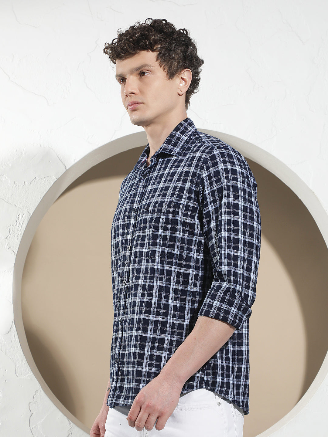Navy Blue 100% Cotton Checked Shirt