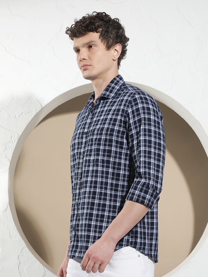 Navy Blue 100% Cotton Checked Shirt
