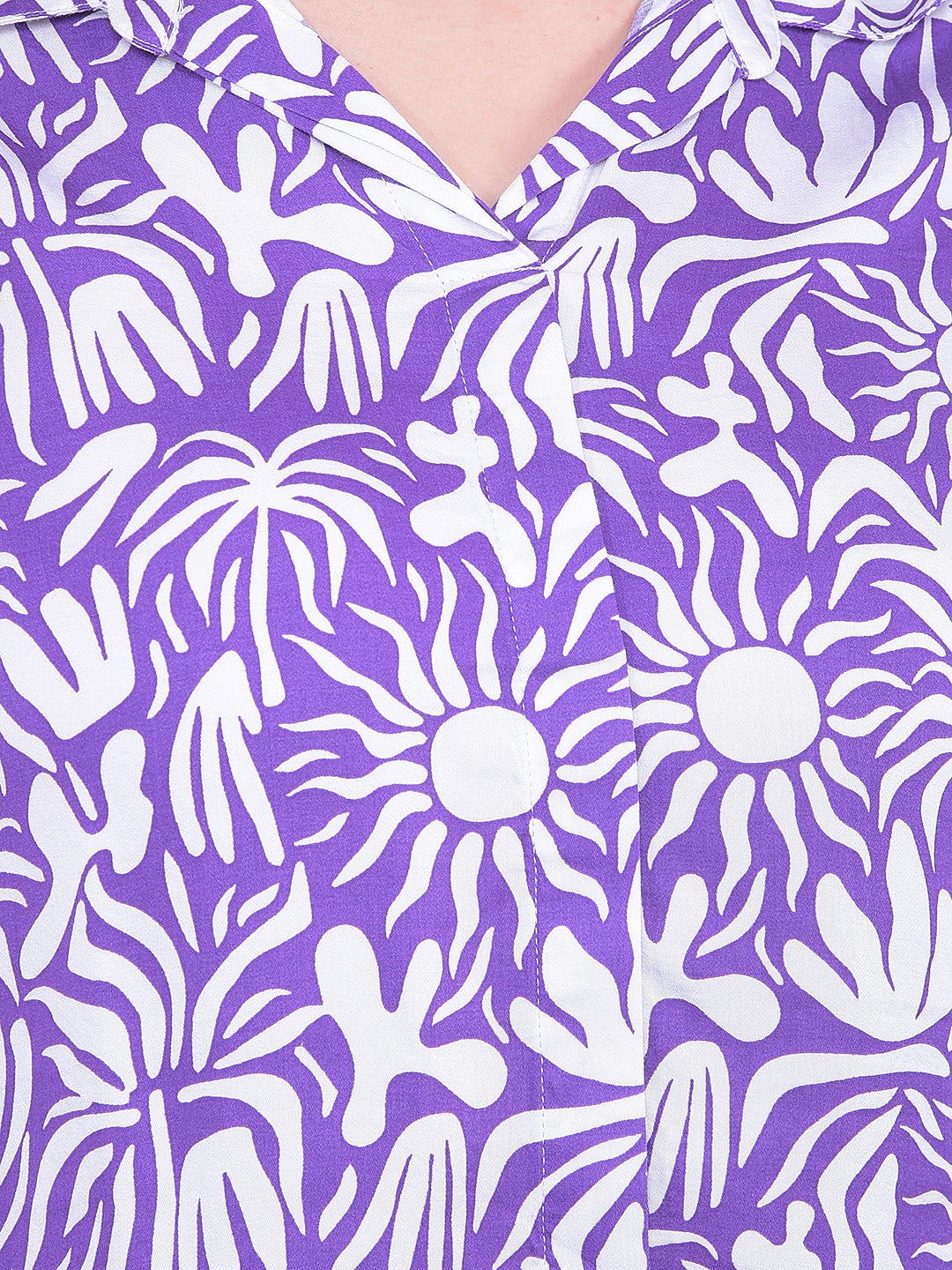 Purple Floral Print Resort-Collar Shirt