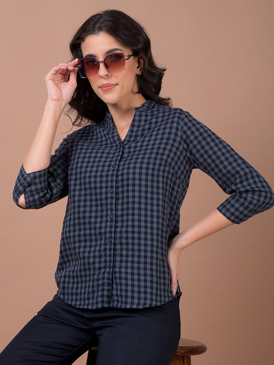 Blue Checked 100% Cotton V-Neck Shirt