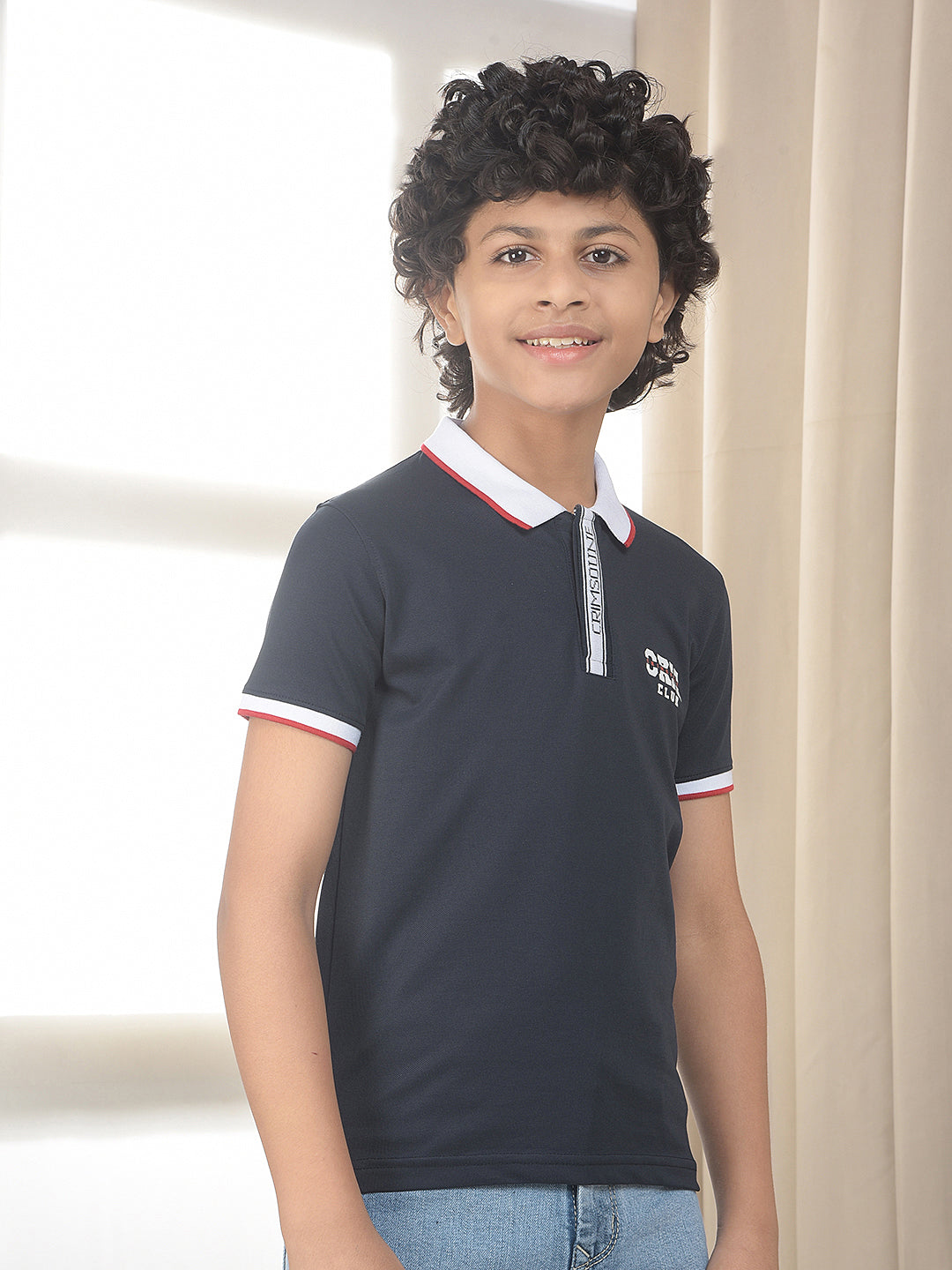 Navy Blue Typographic Polo Neck T-Shirt