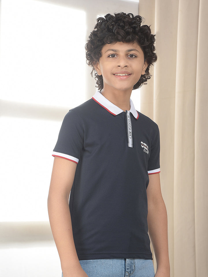 Navy Blue Typographic Polo Neck T-Shirt
