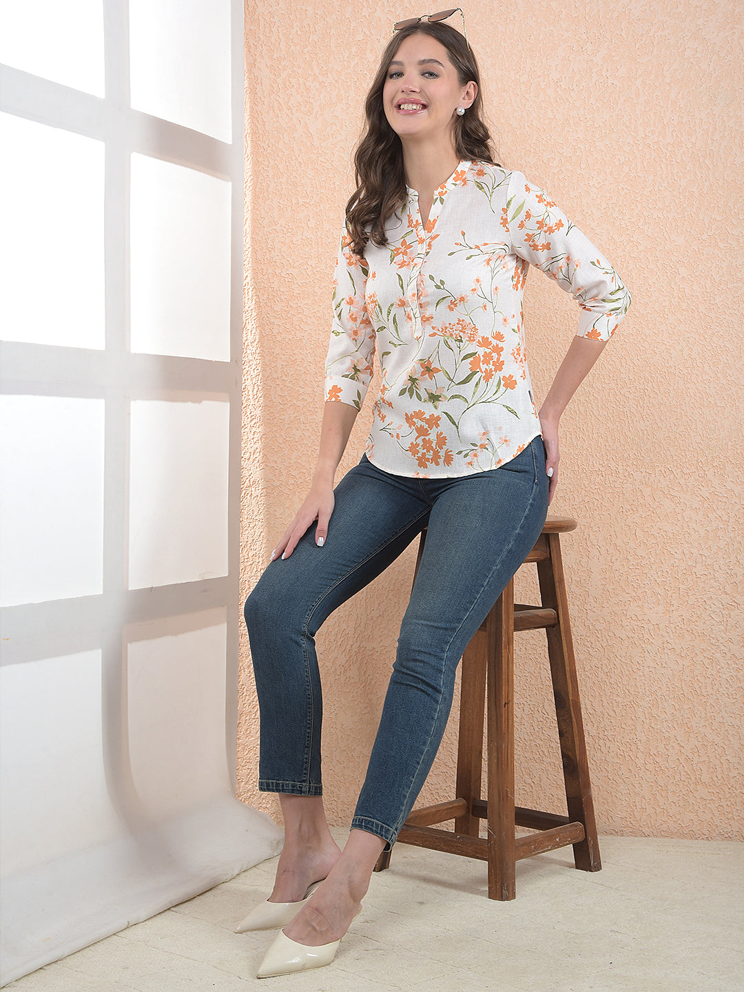 Orange Floral Print V-Neck Top