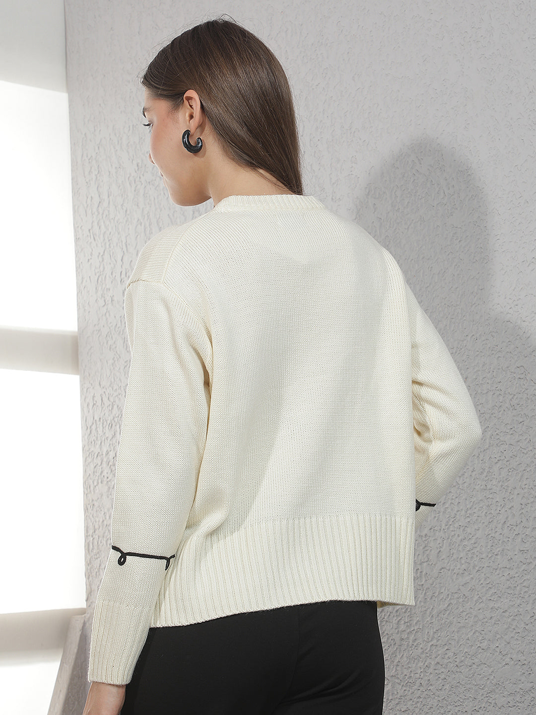 Cream Printed Acrylic Sweater-Women Sweaters-Crimsoune Club