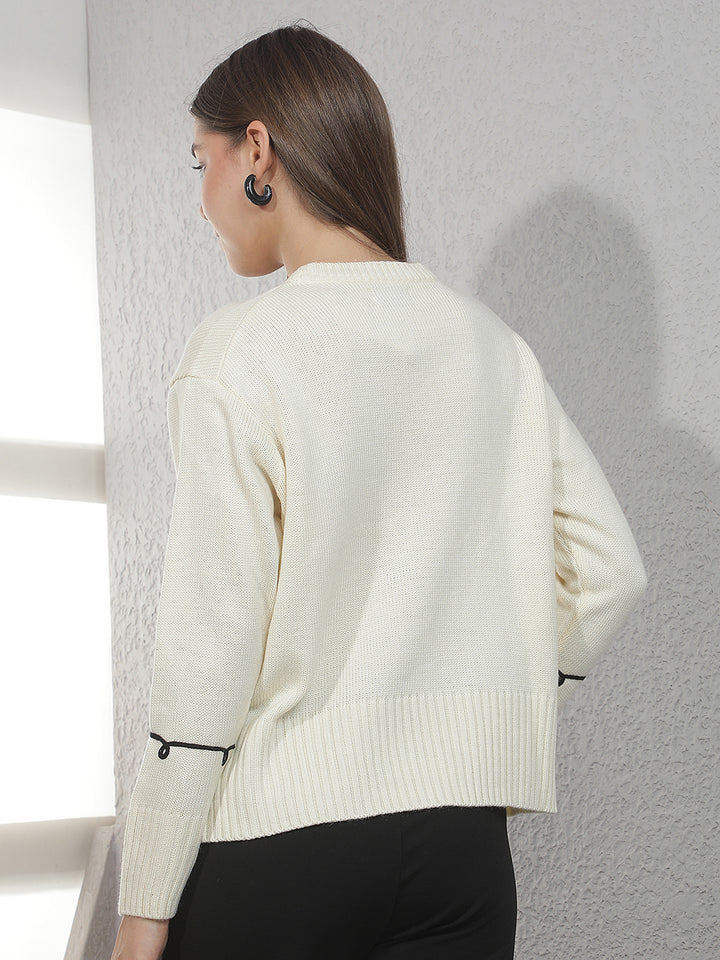 Cream Printed Acrylic Sweater-Women Sweaters-Crimsoune Club