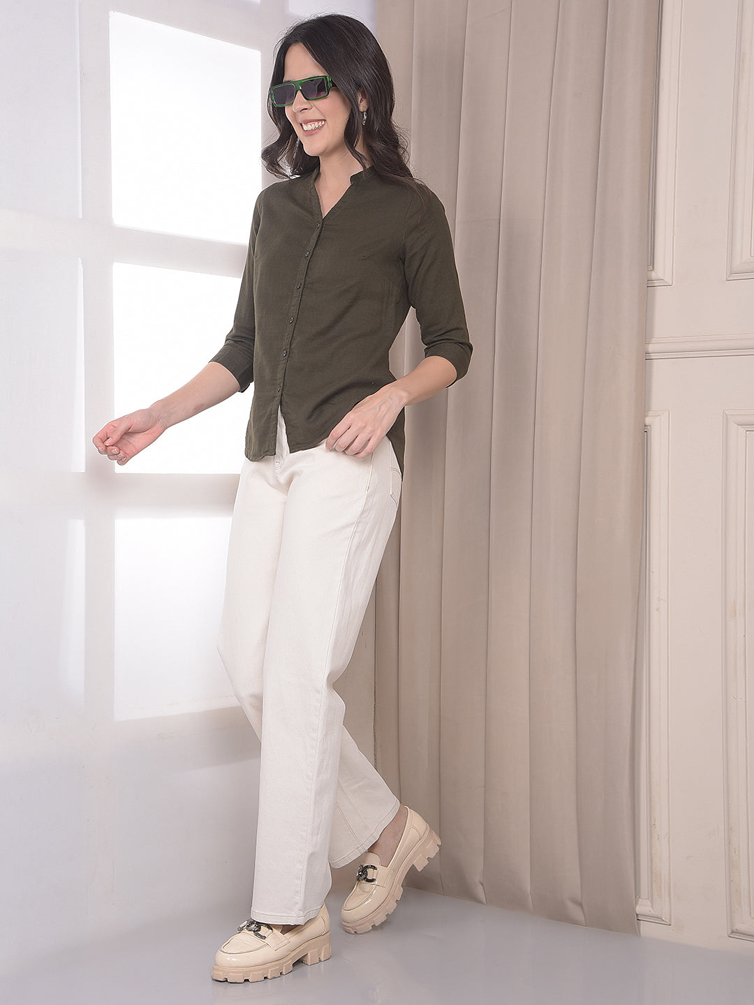 Olive V-Neck 100% Cotton Shirt