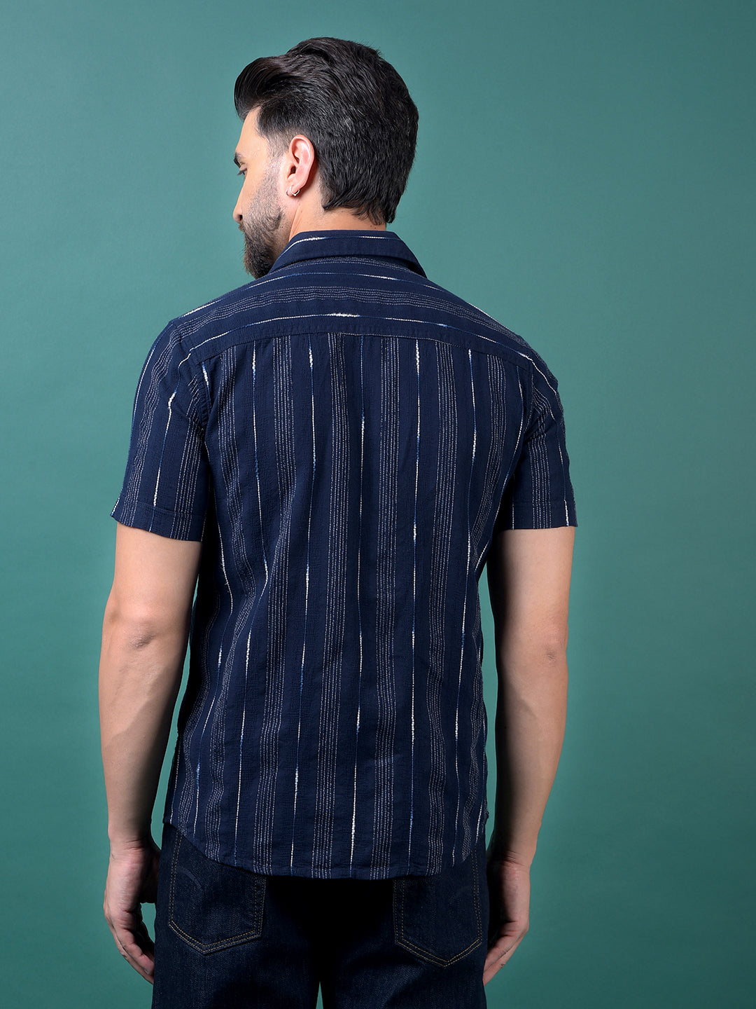 Navy Blue Vertical Stripes 100% Cotton Shirt-Men Shirts-Crimsoune Club