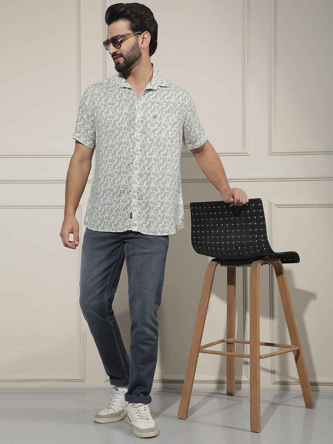 Green Floral Print Linen Shirt