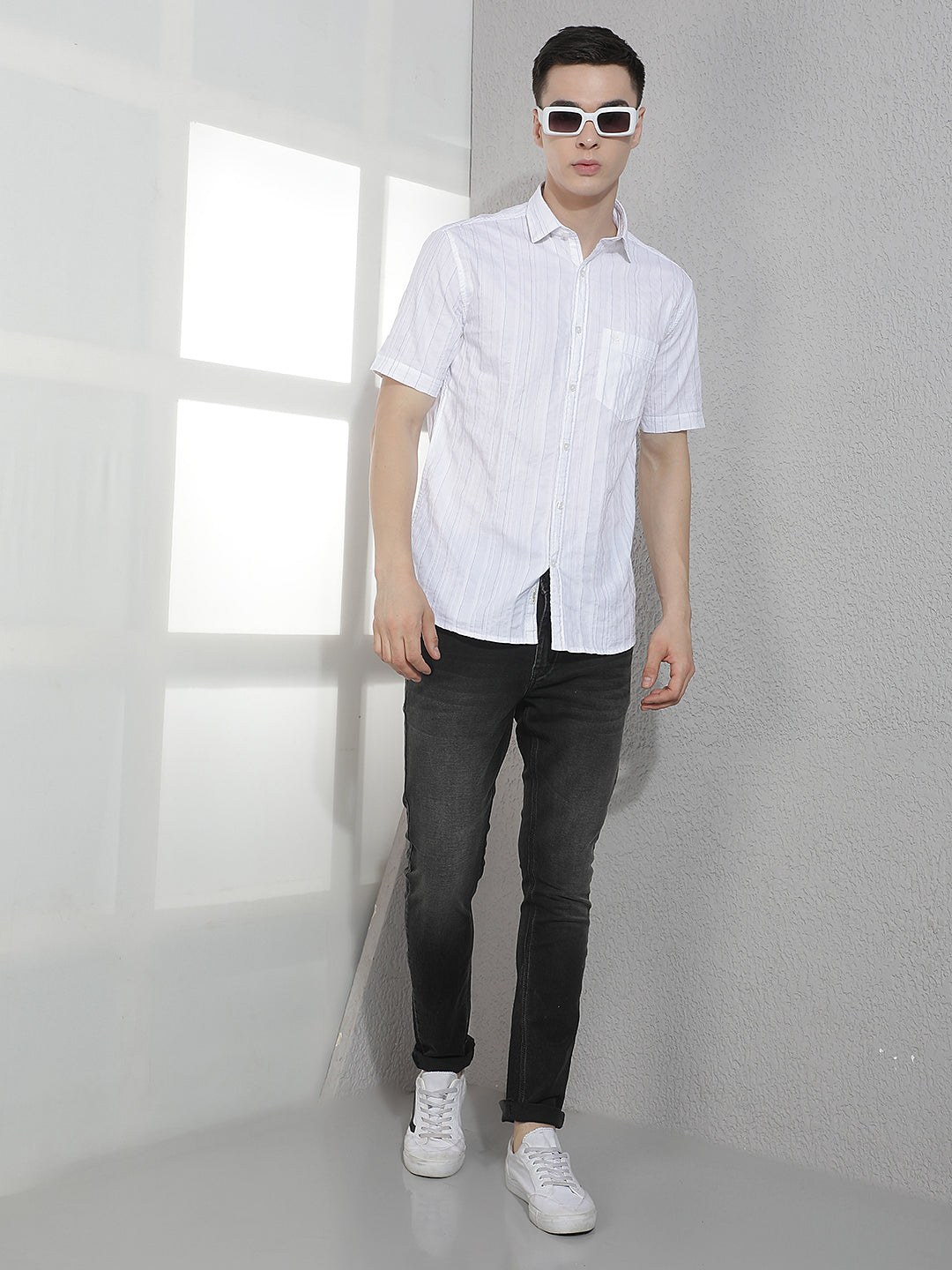 White Horizontal Stripes 100% Cotton Shirt