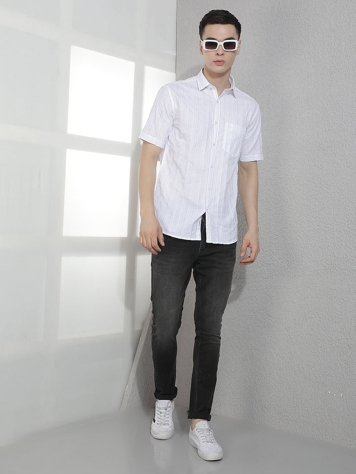 White Horizontal Stripes 100% Cotton Shirt