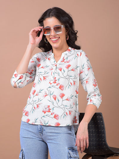 Green Floral Print V-Neck Linen Top