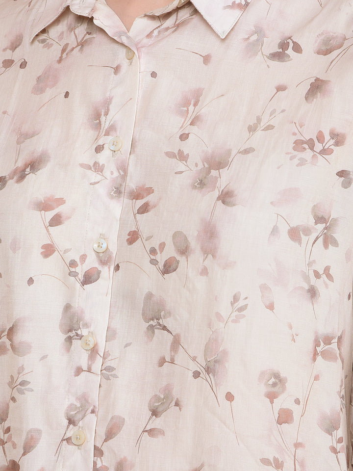 Beige Floral Print Shirt-Women Shirts-Crimsoune Club