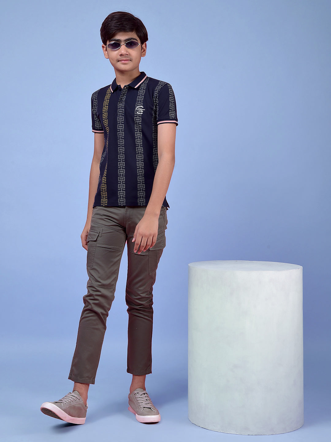 Navy Blue Printed Polo Neck T-Shirt