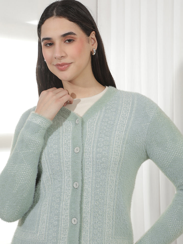 Green Jacquard V-Neck Cardigan