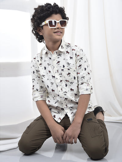 White Printed 100% Cotton Corduroy Shirt