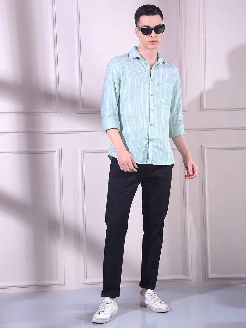 Green 100% Cotton Vertical Stripes Shirt