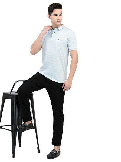 Blue Horizontal Stripes 100% Cotton Polo Neck T-Shirt