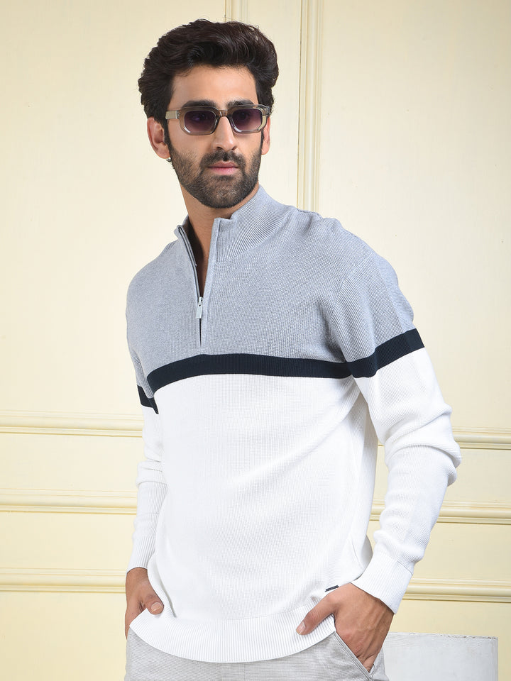 Grey Color-Block 100% Cotton Knitted Sweater