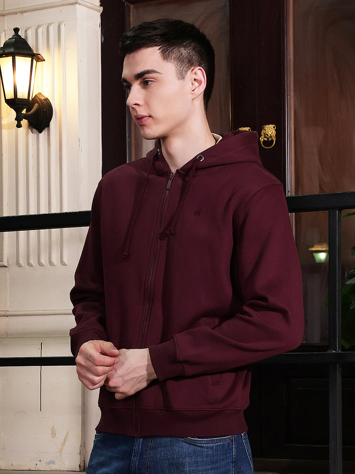 Maroon Hooded Neck Front Open Sweatshirt