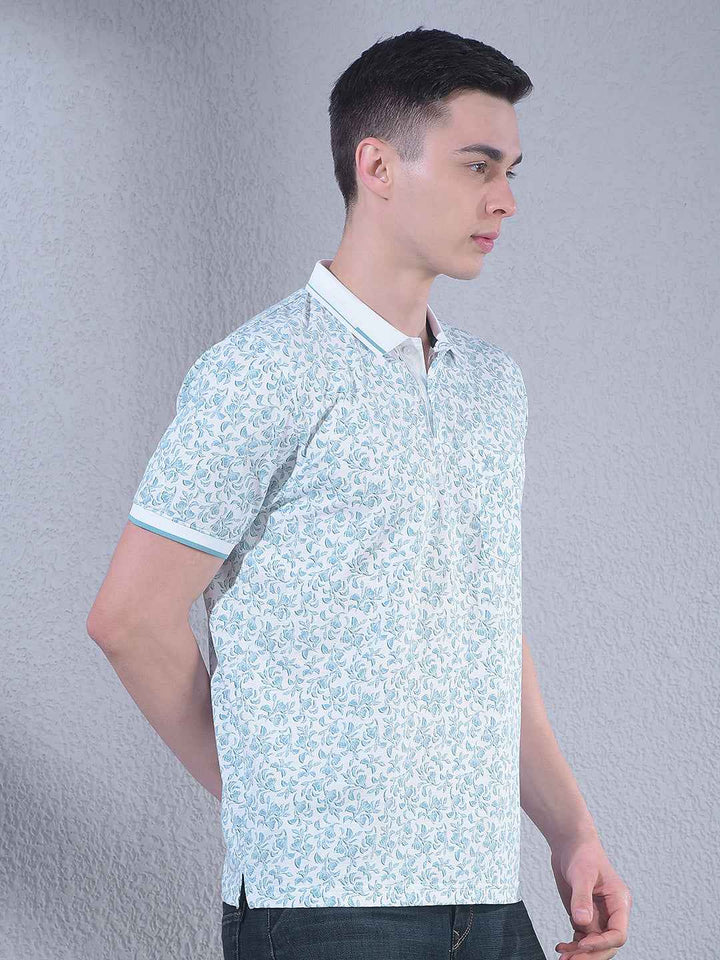 Green Floral Print Polo Neck T-Shirt