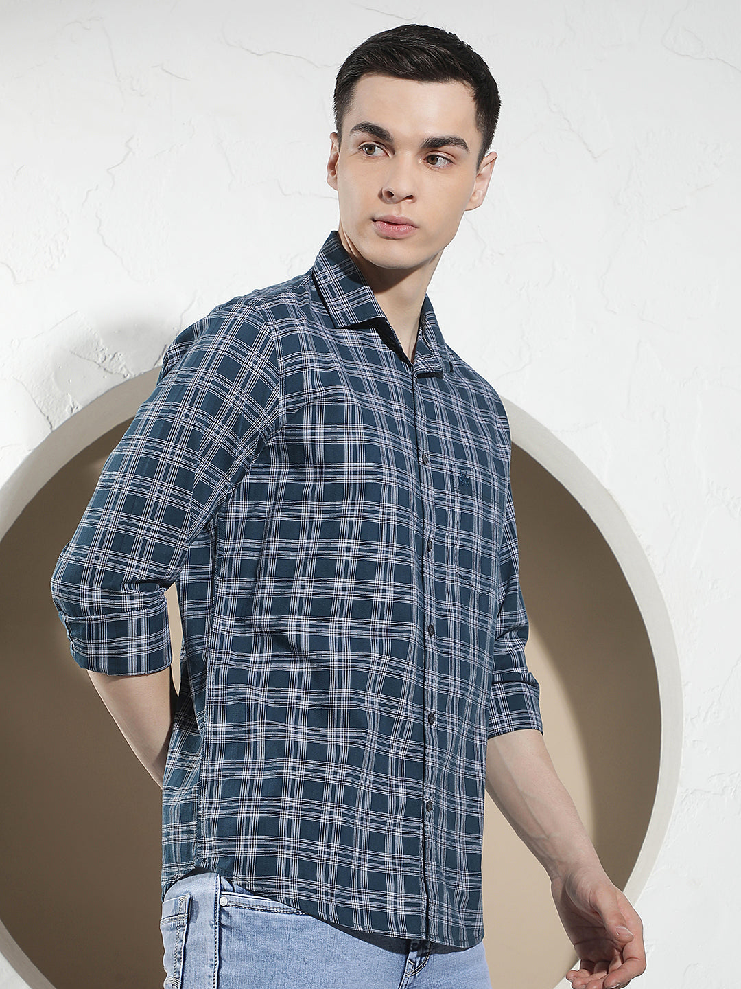 Teal Blue 100% Cotton Checked Shirt