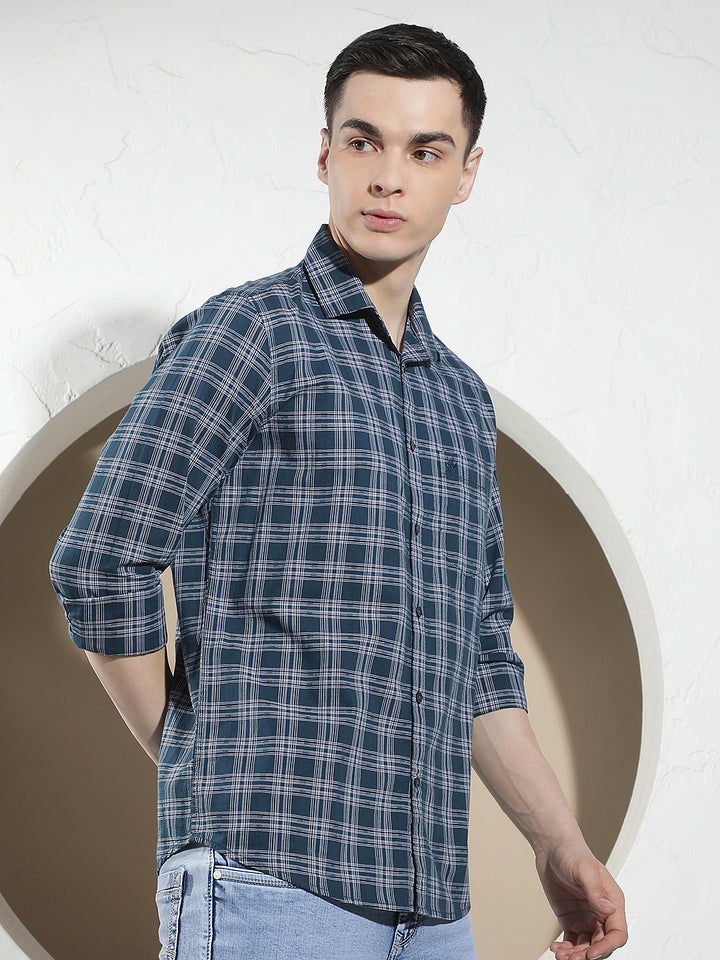 Teal Blue 100% Cotton Checked Shirt