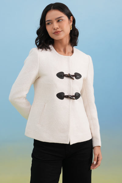 White Textured Toggle Detail Coat