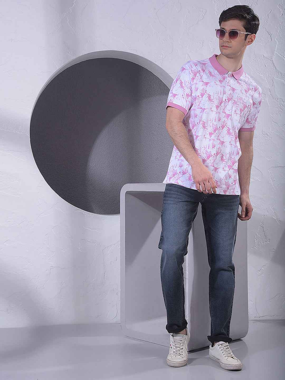 Pink Printed Polo Neck 100% Cotton T-Shirt