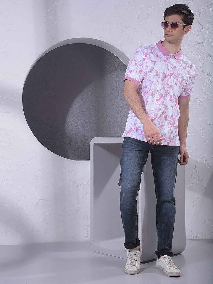 Pink Printed Polo Neck 100% Cotton T-Shirt