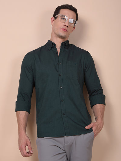 Green Button-Down Collar 100% Cotton Shirt