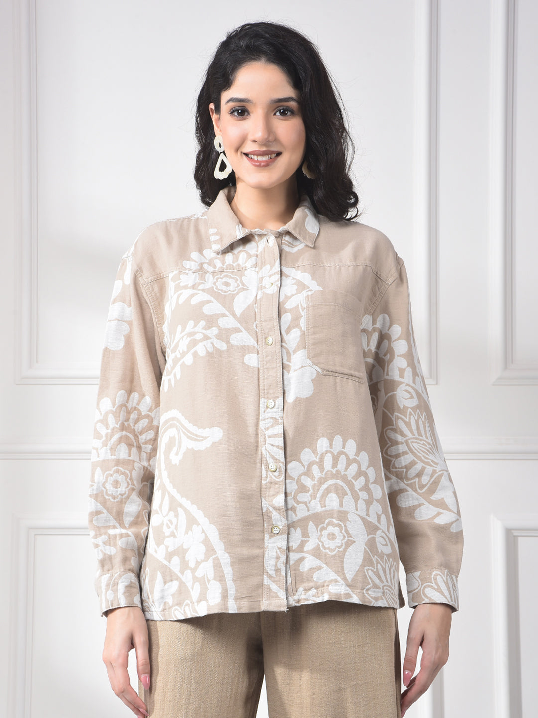 Beige Floral Print Linen Shirt