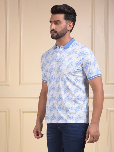 Blue Floral Print Polo Neck T-Shirt