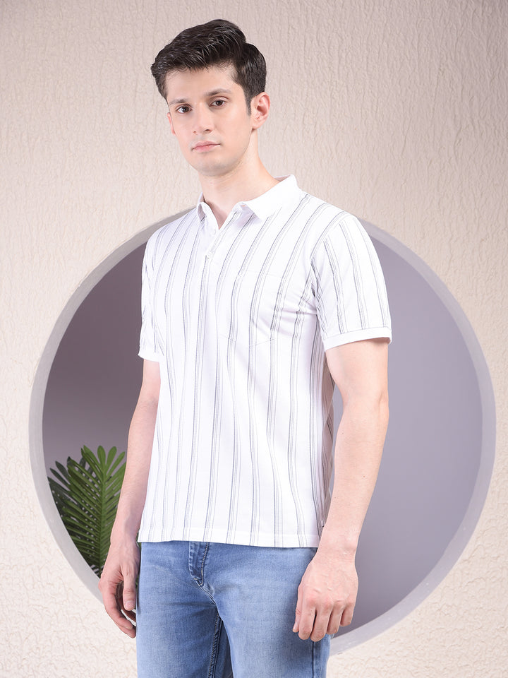 White Vertical Stripes Polo Neck T-Shirt-Men T-Shirts-Crimsoune Club