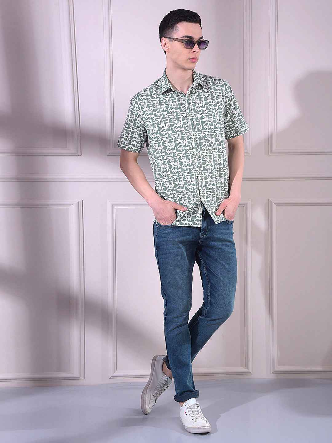 Green Linen Floral Print Shirt