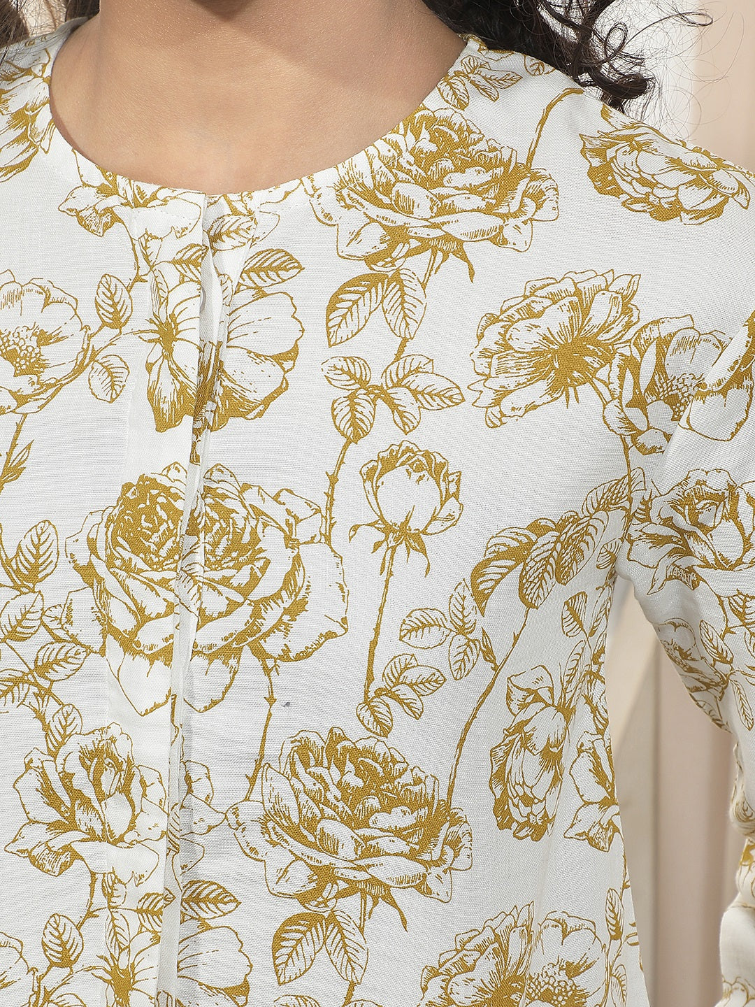 Olive 100% Cotton Floral Printed Round Neck Top