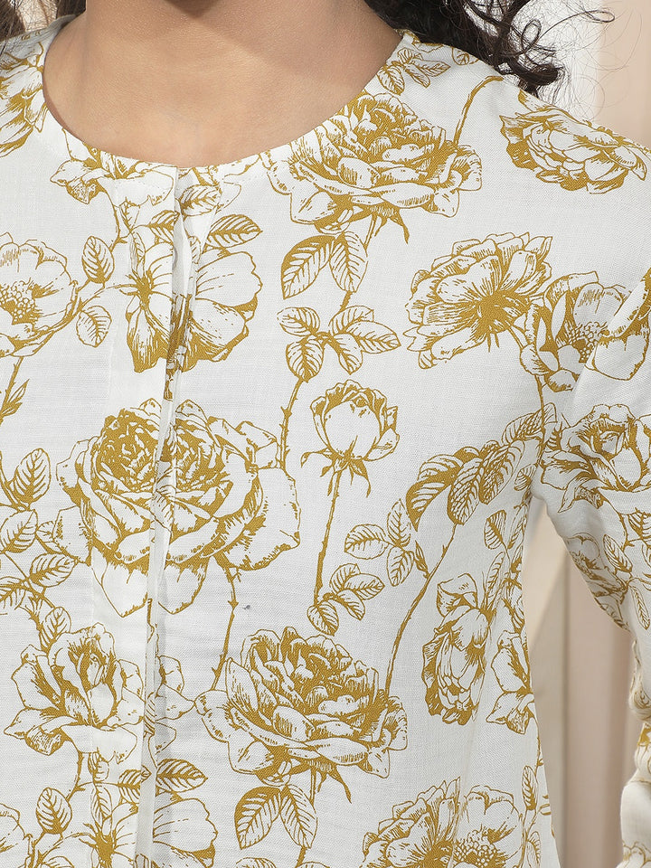 Olive 100% Cotton Floral Printed Round Neck Top