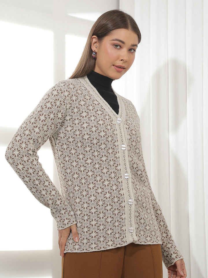 Beige Geomatric Print V-Neck Cardigan