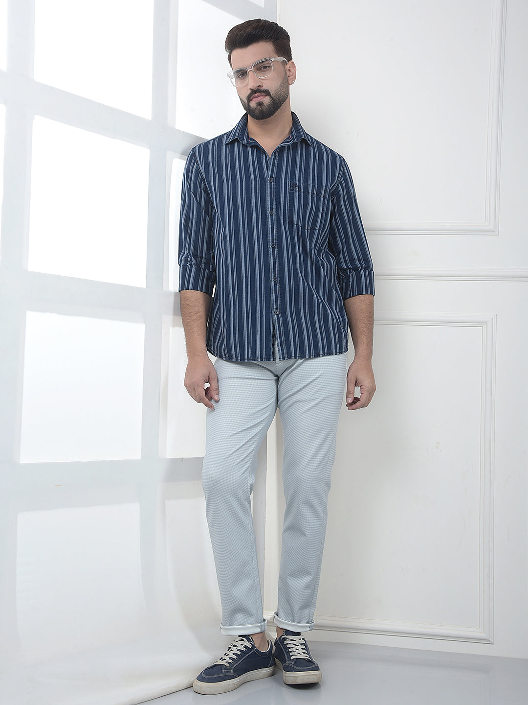 Navy Blue Vertical Striped 100% Cotton Shirt