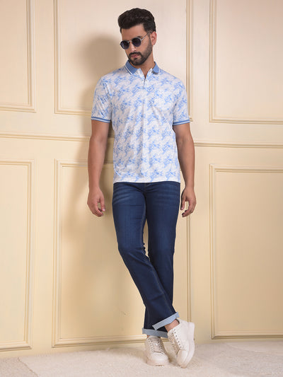 Blue Floral Print Polo Neck T-Shirt