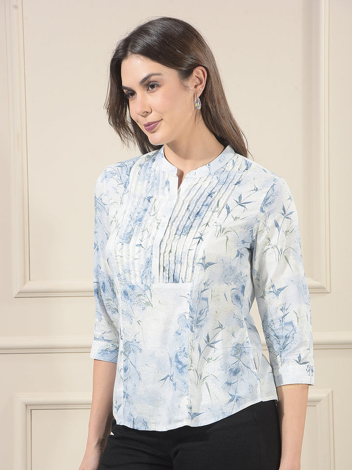 Sky Blue Linen Round Neck Floral Printed Top