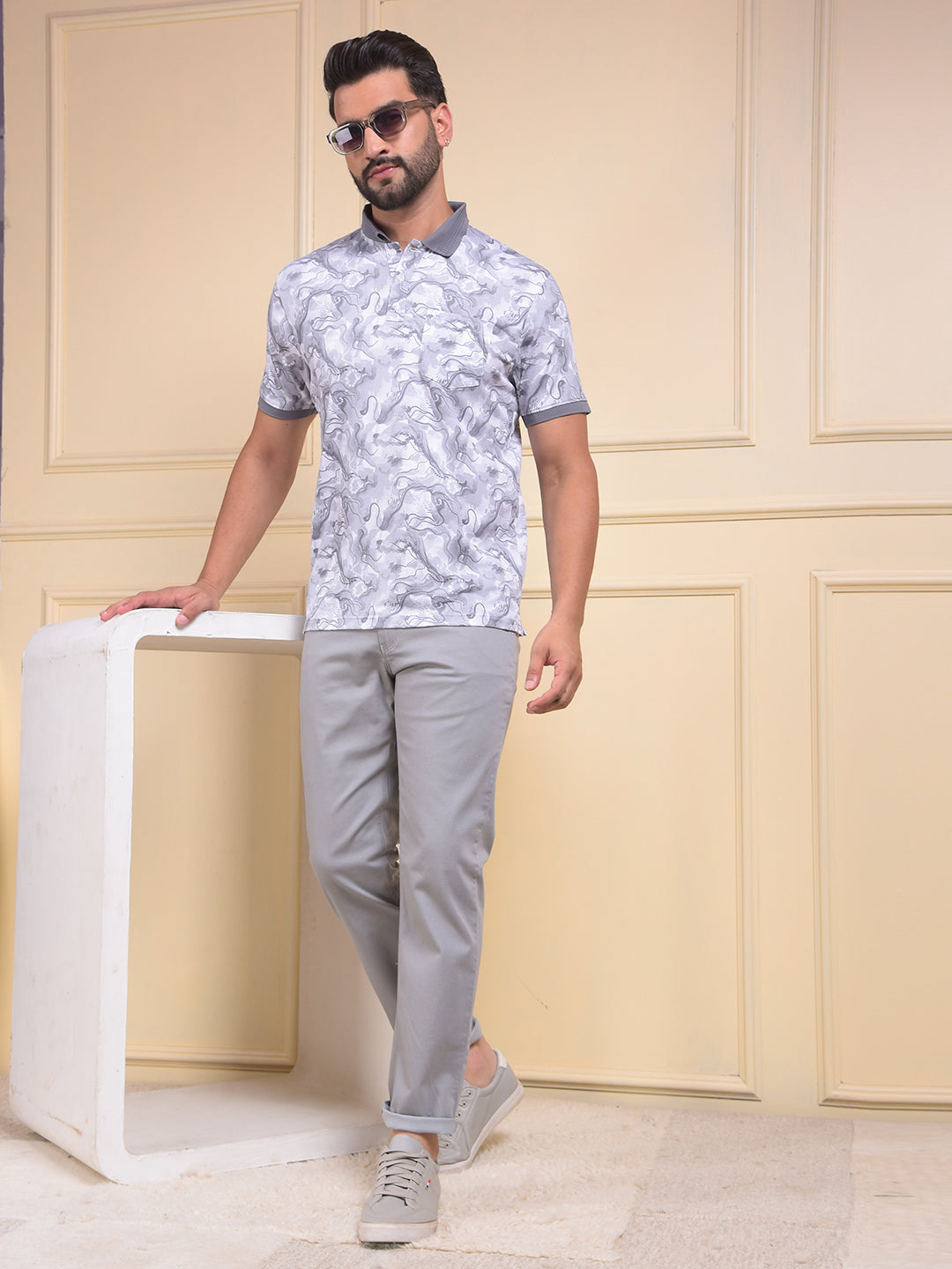 Grey Abstract Print Polo Neck T-Shirt