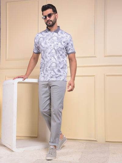 Grey Abstract Print Polo Neck T-Shirt