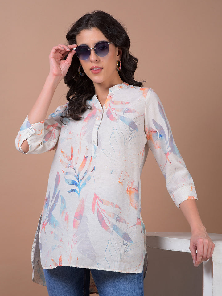 Orange Floral Print V-Neck Linen Top